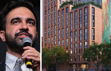 Mayor Zohran Mamdani and a rendering of The Aurea planned for 324 East 5th Street.