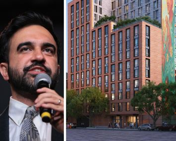Mayor Zohran Mamdani and a rendering of The Aurea planned for 324 East 5th Street.
