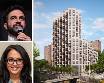 Mayor Zohran Mamdani (top), NYCHA CEO Lisa Bova-Hiatt, and a rendering of Sol on Park at the Morris Houses campus in the Bronx.