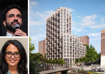 Mayor Zohran Mamdani (top), NYCHA CEO Lisa Bova-Hiatt, and a rendering of Sol on Park at the Morris Houses campus in the Bronx.