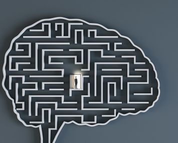 An illustration of a brain-shaped maze with a man standing in a doorway in the center.