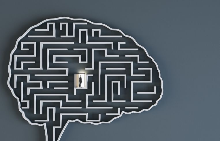 An illustration of a brain-shaped maze with a man standing in a doorway in the center.