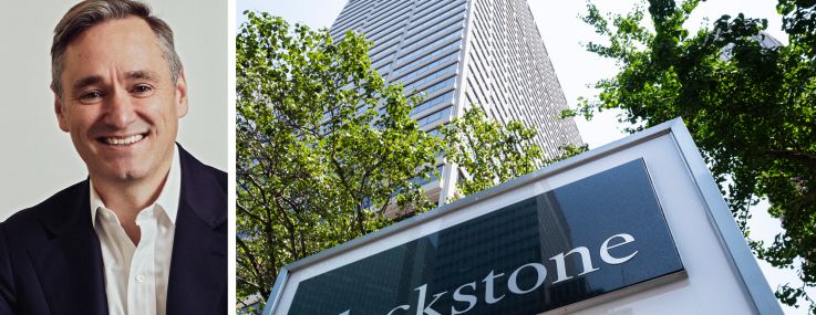 Blackstone Mortgage Trust Chairman and CEO Tim Johnson and a Blackstone sign outside one of the company's offices.