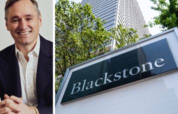 Blackstone Mortgage Trust Chairman and CEO Tim Johnson and a Blackstone sign outside one of the company's offices.