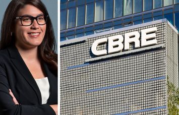 Chief Financial Officer Emma Giamartino and the CBRE logo on one of its office buildings.