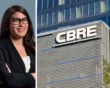 Chief Financial Officer Emma Giamartino and the CBRE logo on one of its office buildings.