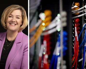 Equinix CEO and President Adaire Fox-Martin and servers at a Equinix data center.