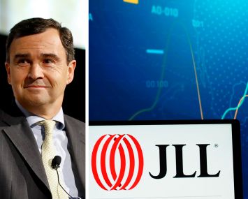 JLL President and CEO Christian Ulbrich and the JLL logo displayed on a mobile phone.
