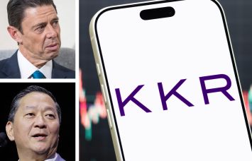KKR co-CEOs Scott Nuttall (top) and Joseph Bae, and the KKR logo displayed on a mobile phone.