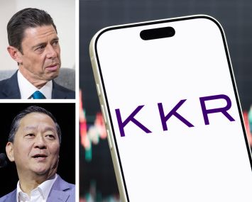 KKR co-CEOs Scott Nuttall (top) and Joseph Bae, and the KKR logo displayed on a mobile phone.