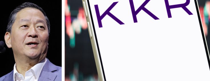 KKR co-CEOs Scott Nuttall (top) and Joseph Bae, and the KKR logo displayed on a mobile phone.