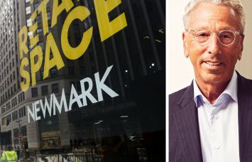 A Newmark sign advertising available retail space and CEO Barry Gosin.