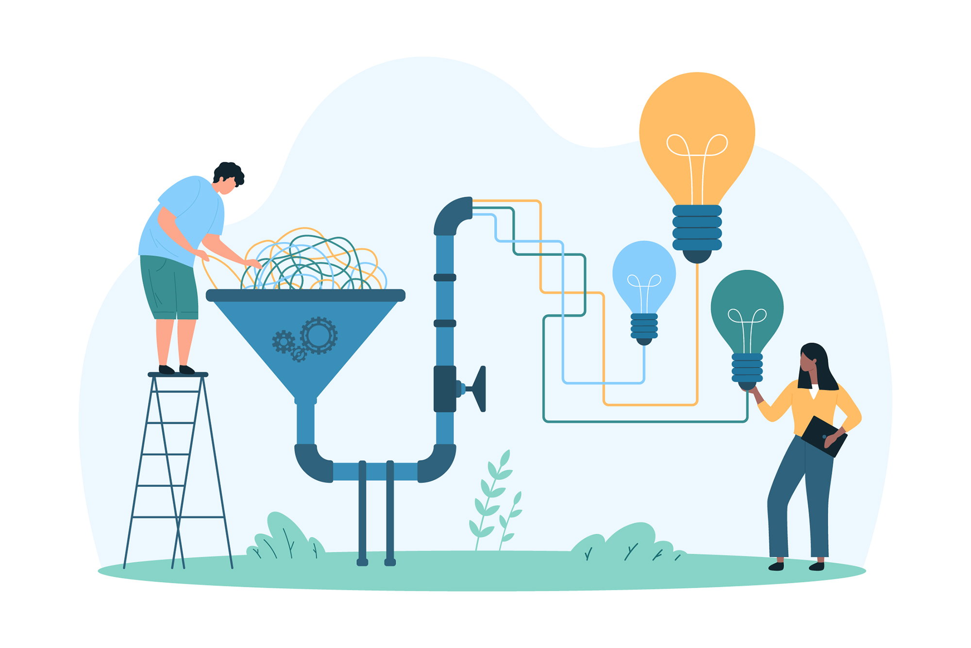 An illustration of people feeding string into a funnel with ideas coming out the other end.
