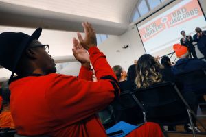 Mamdani Releases Action Plan to Tackle Rental Ripoff Hearing Findings Audience members cheer and listen as Mayor Zohran Mamdani speaks at a "Rental Ripoff" hearing at Fordham University in the Bronx in March.