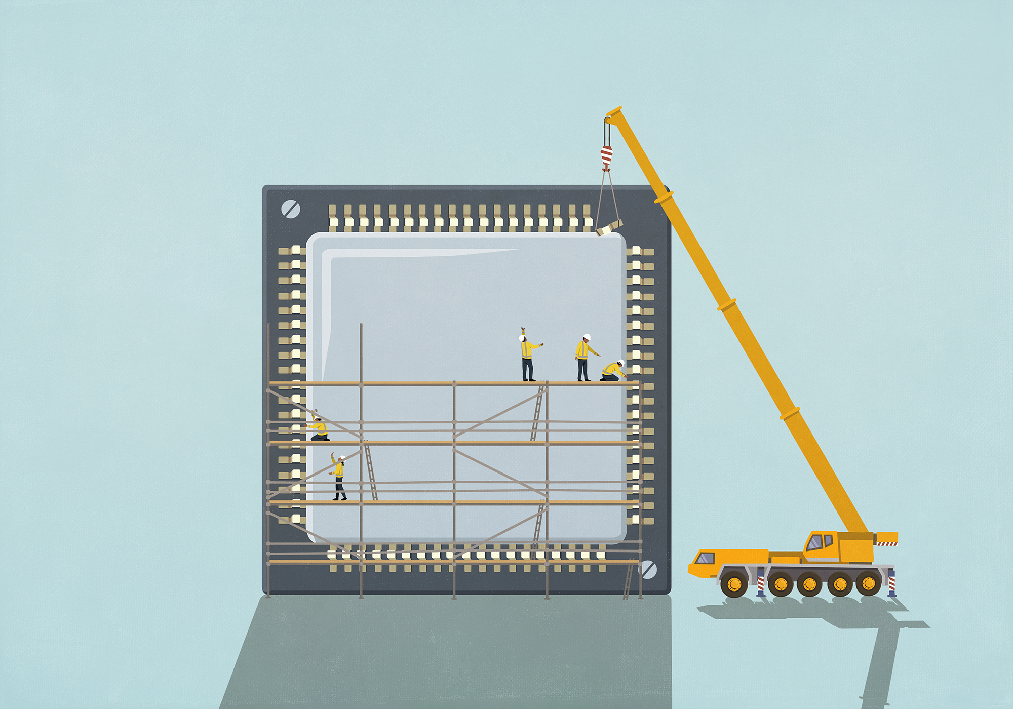 Crane and construction workers on scaffolding assembling semiconductor chip
