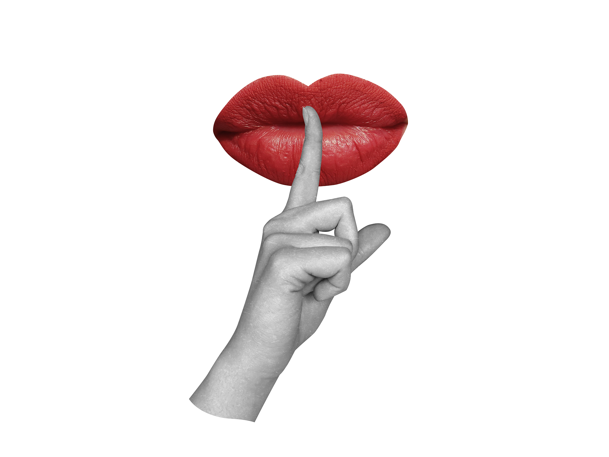 An illustration of an index finger of a hand pressed to a pair of lips signifying silence.