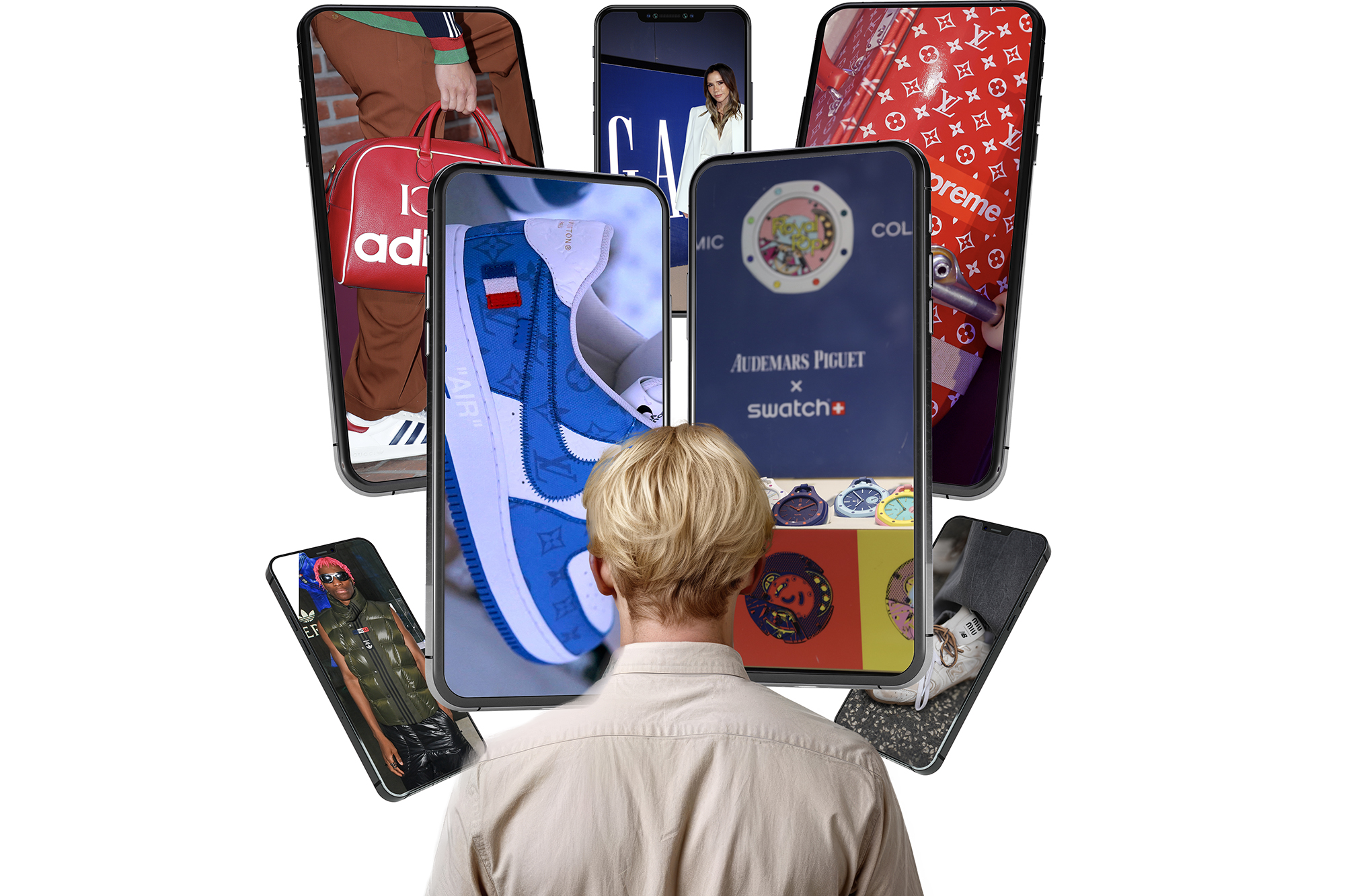A photo illustration of luxury brand mash-ups on phone screens in front of a teenager.
