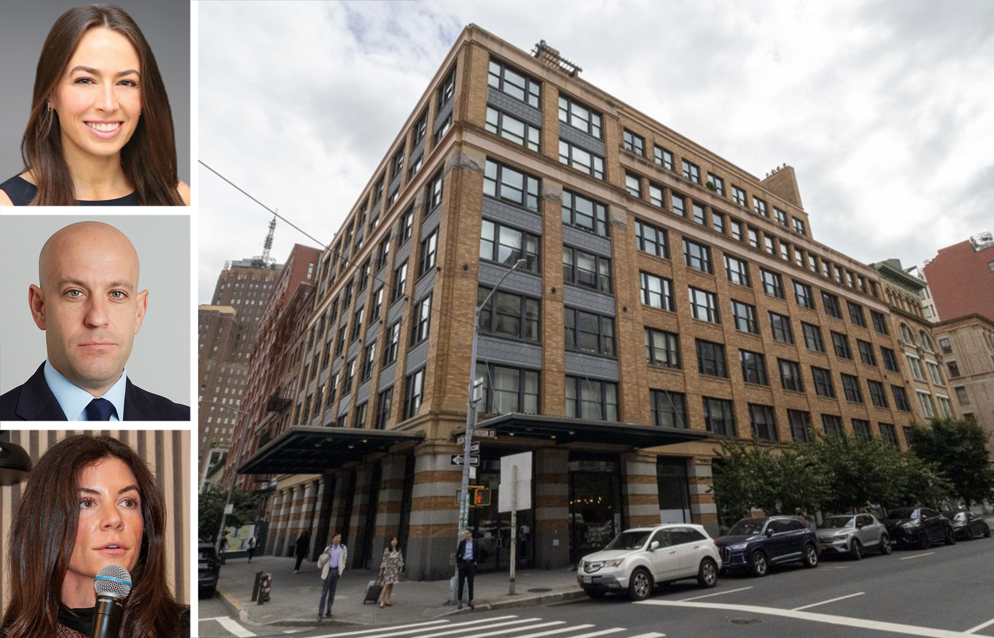 Jordyn Comras (top), Ariel Schuster (center), and Jackie Totolo (bottom) of Newmark alongside 124 Hudson Street.