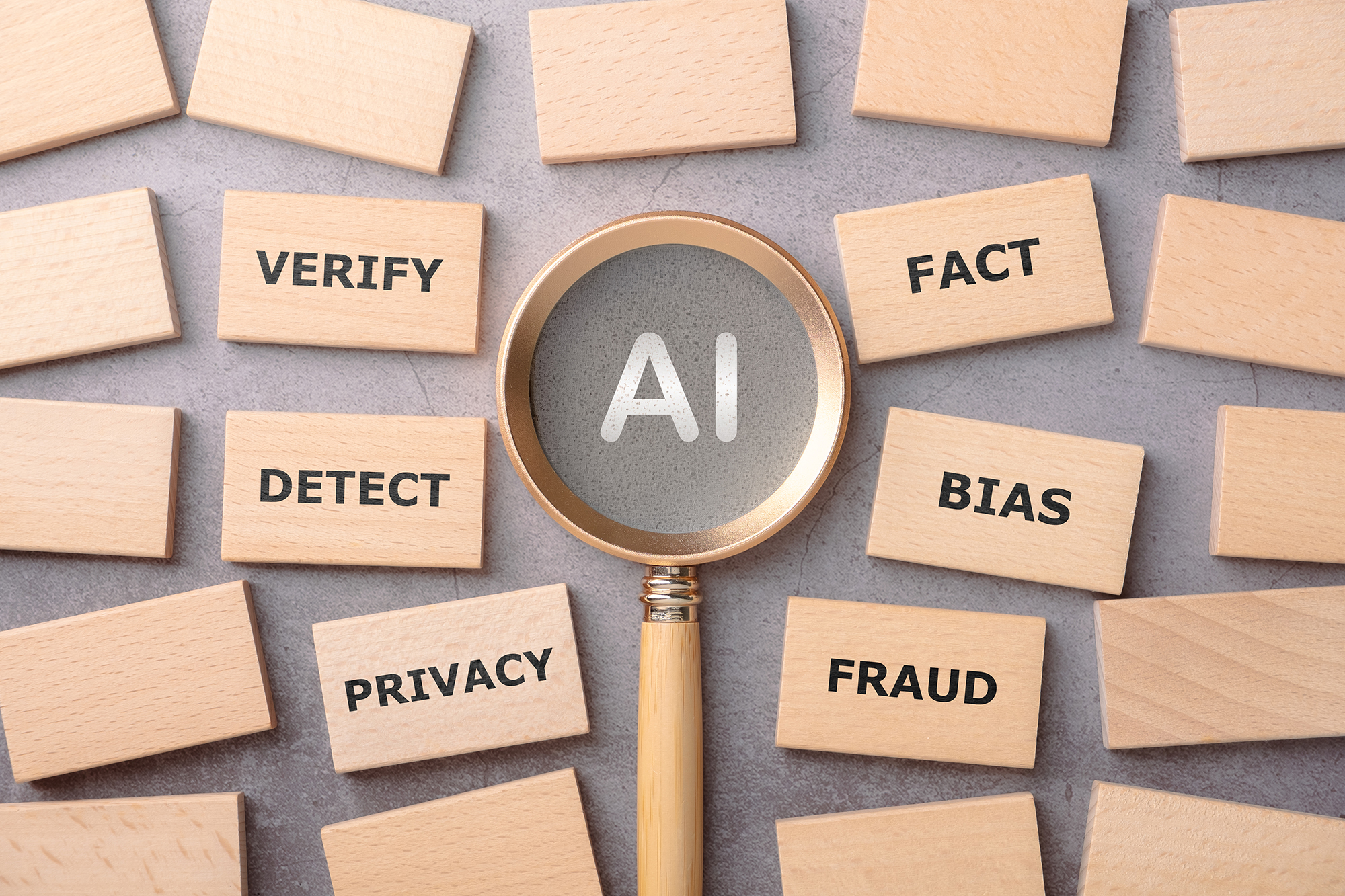 An illustration of a magnifying glass focusing on AI surrounded by keywords such as verify, detect, fact, bias, privacy, and fraud.