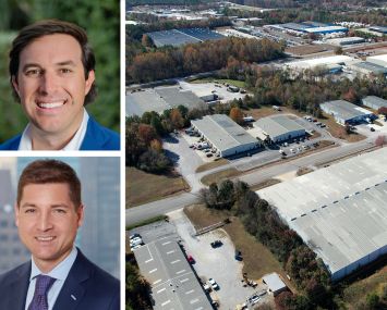 President and CEO of Redfearn Capital Alex Redfearn (top), managing director at TPG AG Chris Oka, ,and an aerial view of an industrial park.