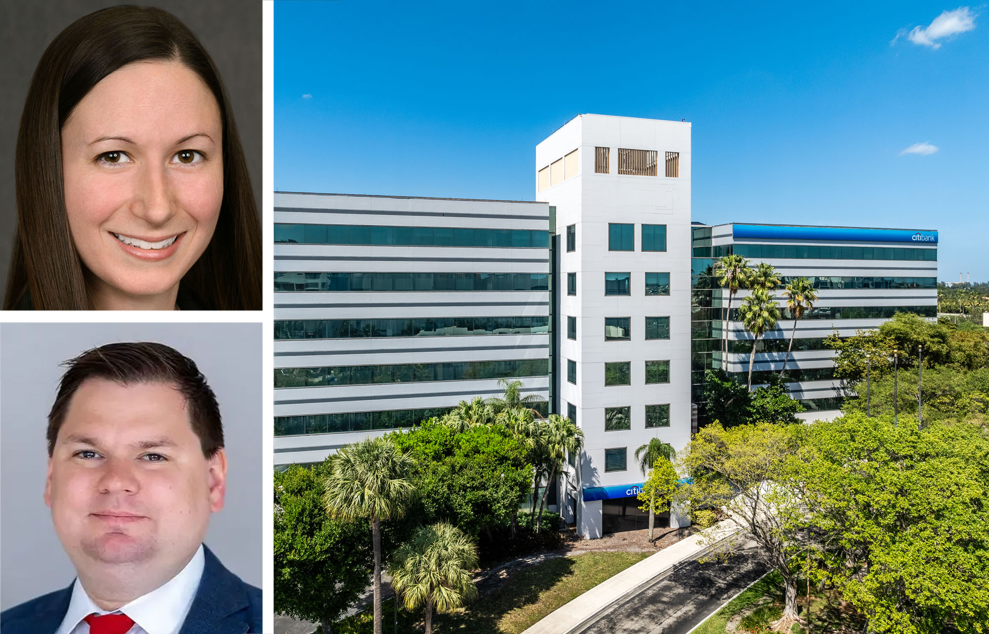 CBRE's Amy Julian (top) and Andrew Chilgren, and Doral Center at 8750 NW 36th Street.