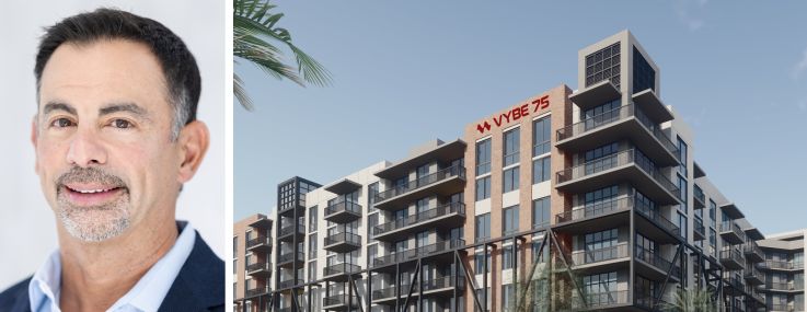 Anthony Seijas, Principal of Coastland Residential, and a rendering of Vybe 75 at 4383 Southwest 75th Avenue, Miami.