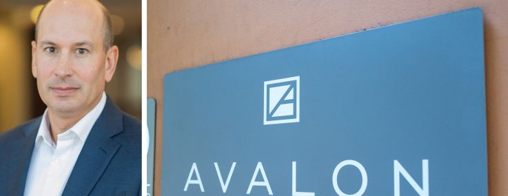 Vivmark Residential's Benjamin Schall and a sign at an Avalon apartment complex.