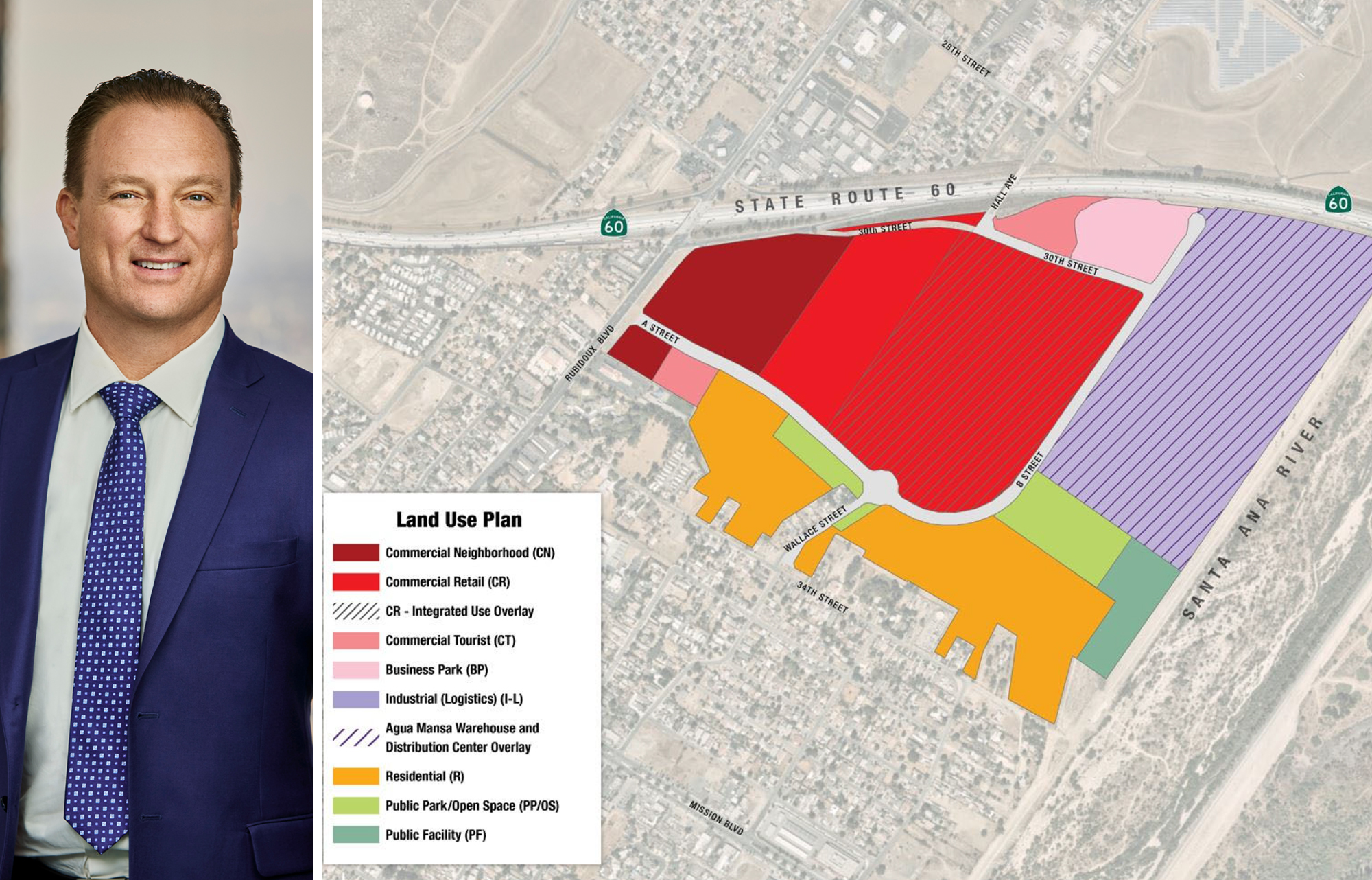 BHI's Brian Jurczak and a map of the planned District at Jurupa Valley development in Jurupa Valley, Calif.