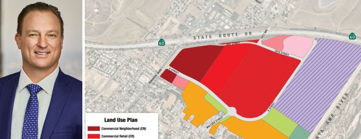 BHI's Brian Jurczak and a map of the planned District at Jurupa Valley development in Jurupa Valley, Calif.