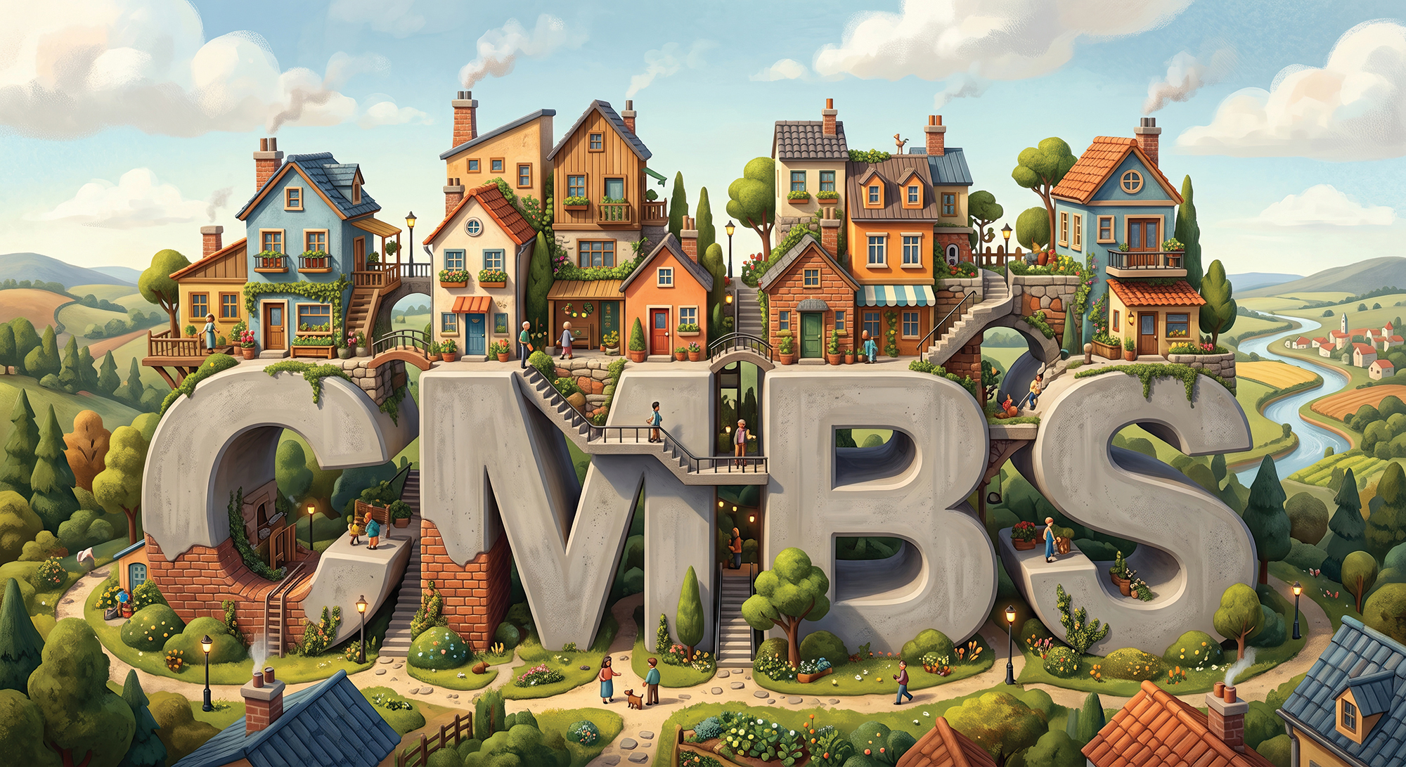 An illustration of houses built on top of the letters CMBS.