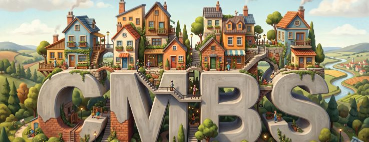 An illustration of houses built on top of the letters CMBS.