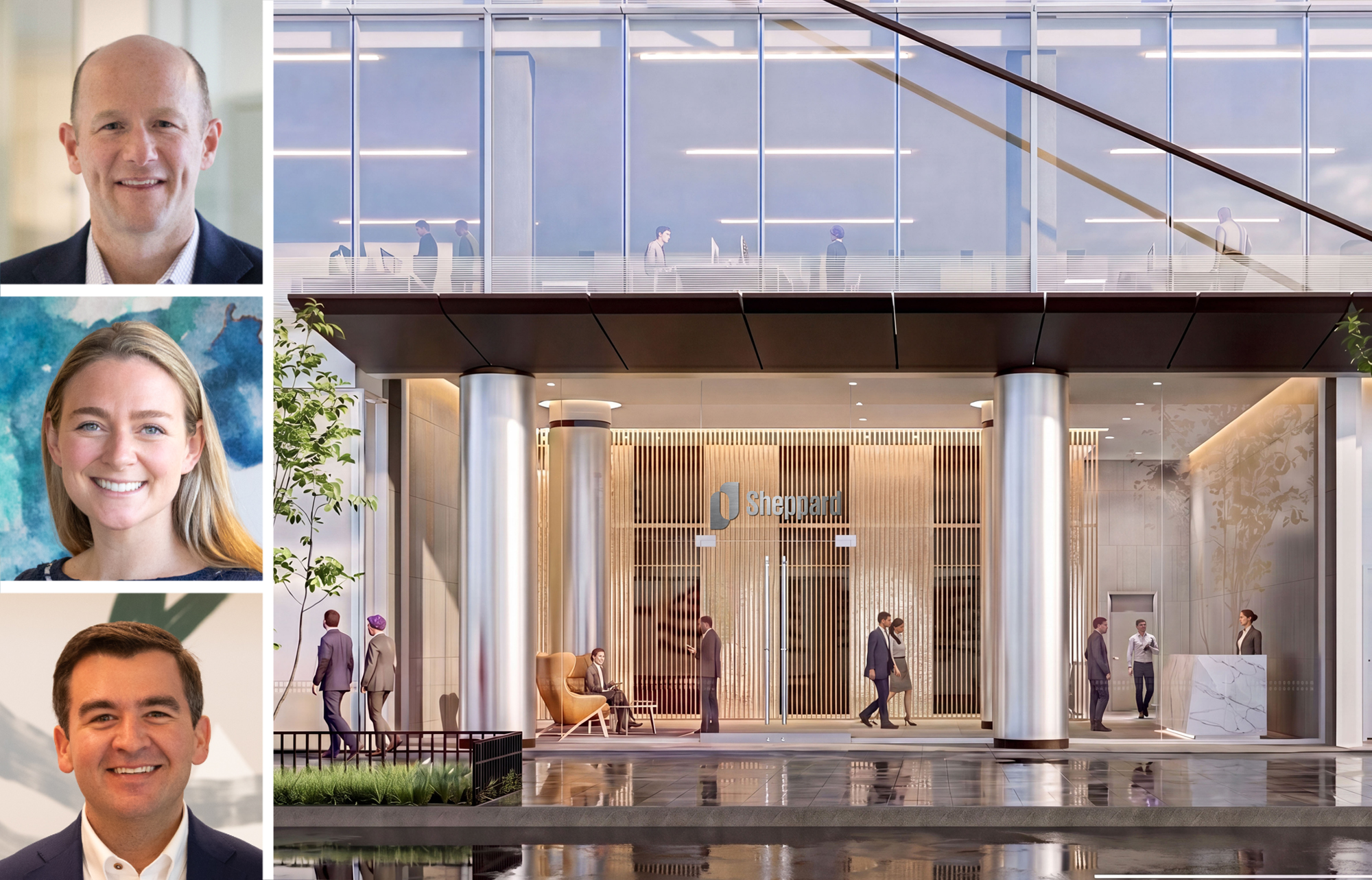 CBRE’s Dimitri Hajimihalis (bottom), Emily Eppolito (center) and Carroll Cavanagh, and a rendering of Sheppard's office at 2033 K Street NW, Washington, D.C.