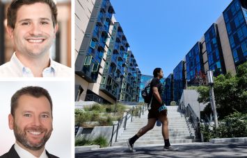 Charlie Matthews of College House (top), Andrew McCulloch of Green Street and a student walking past housing at the University of California-Irvine.