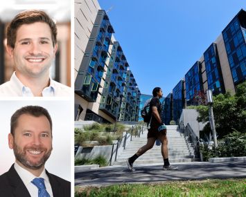 Charlie Matthews of College House (top), Andrew McCulloch of Green Street and a student walking past housing at the University of California-Irvine.
