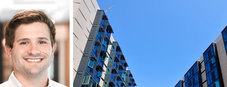 Charlie Matthews of College House (top), Andrew McCulloch of Green Street and a student walking past housing at the University of California-Irvine.