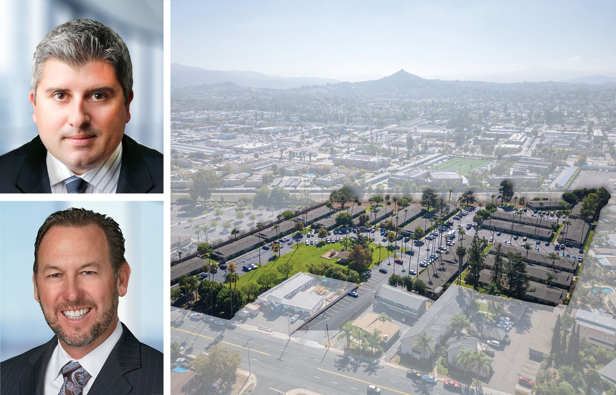 Institutional Property Advisors' Chris Zorbas (top) and Alexander Garcia Jr., and Pacifica Palms Apartments, Escondido, Calif.