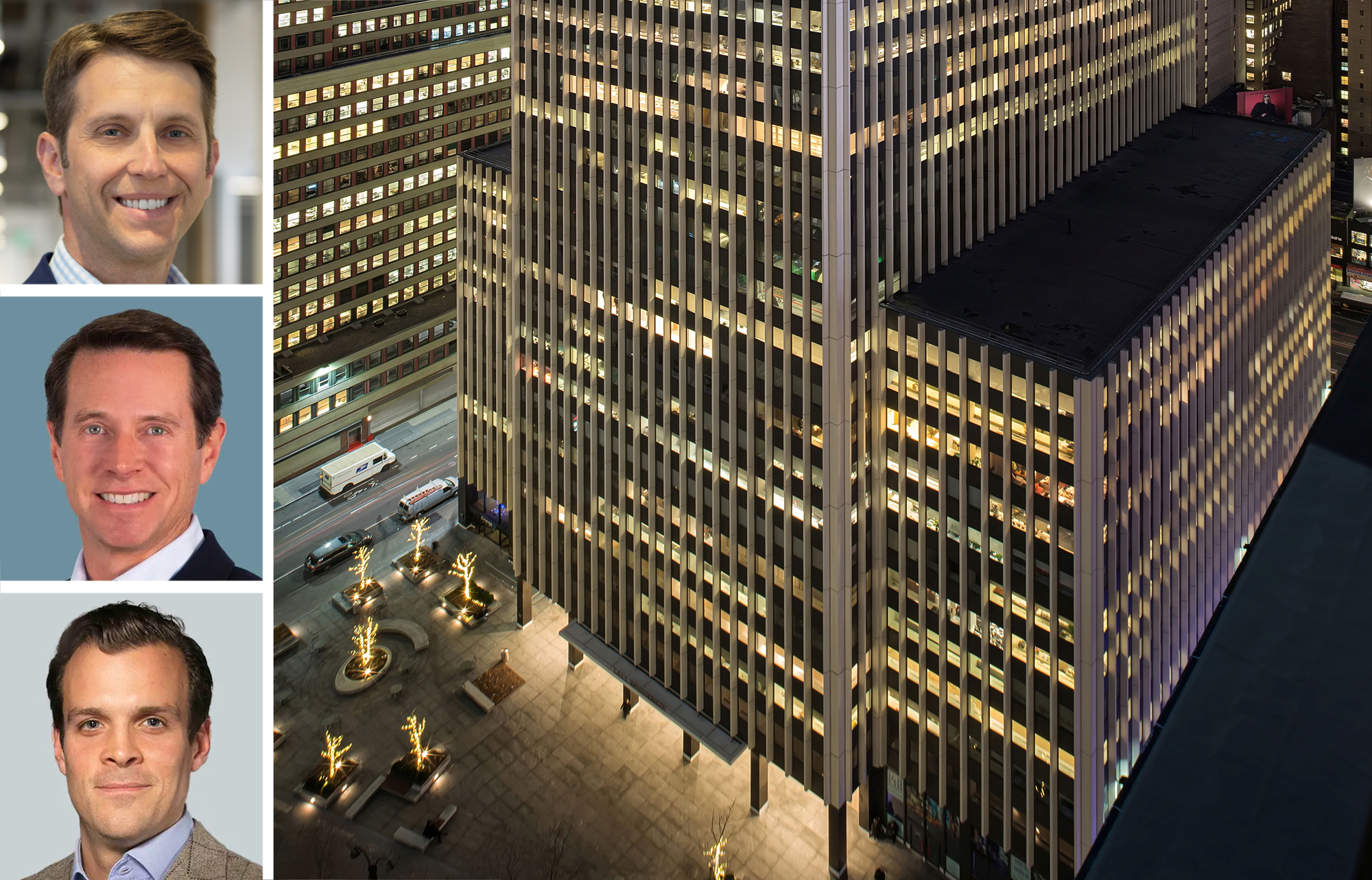Swig Company's Connor Kidd (top), CBRE's Paul Amrich (center) and Neil King, and 1411 Broadway.