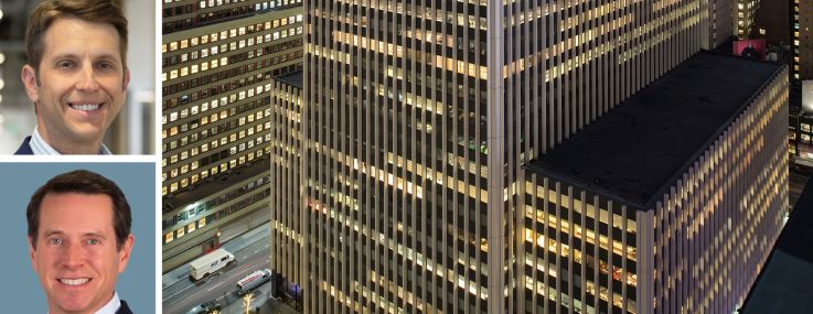 Swig Company's Connor Kidd (top), CBRE's Paul Amrich (center) and Neil King, and 1411 Broadway.