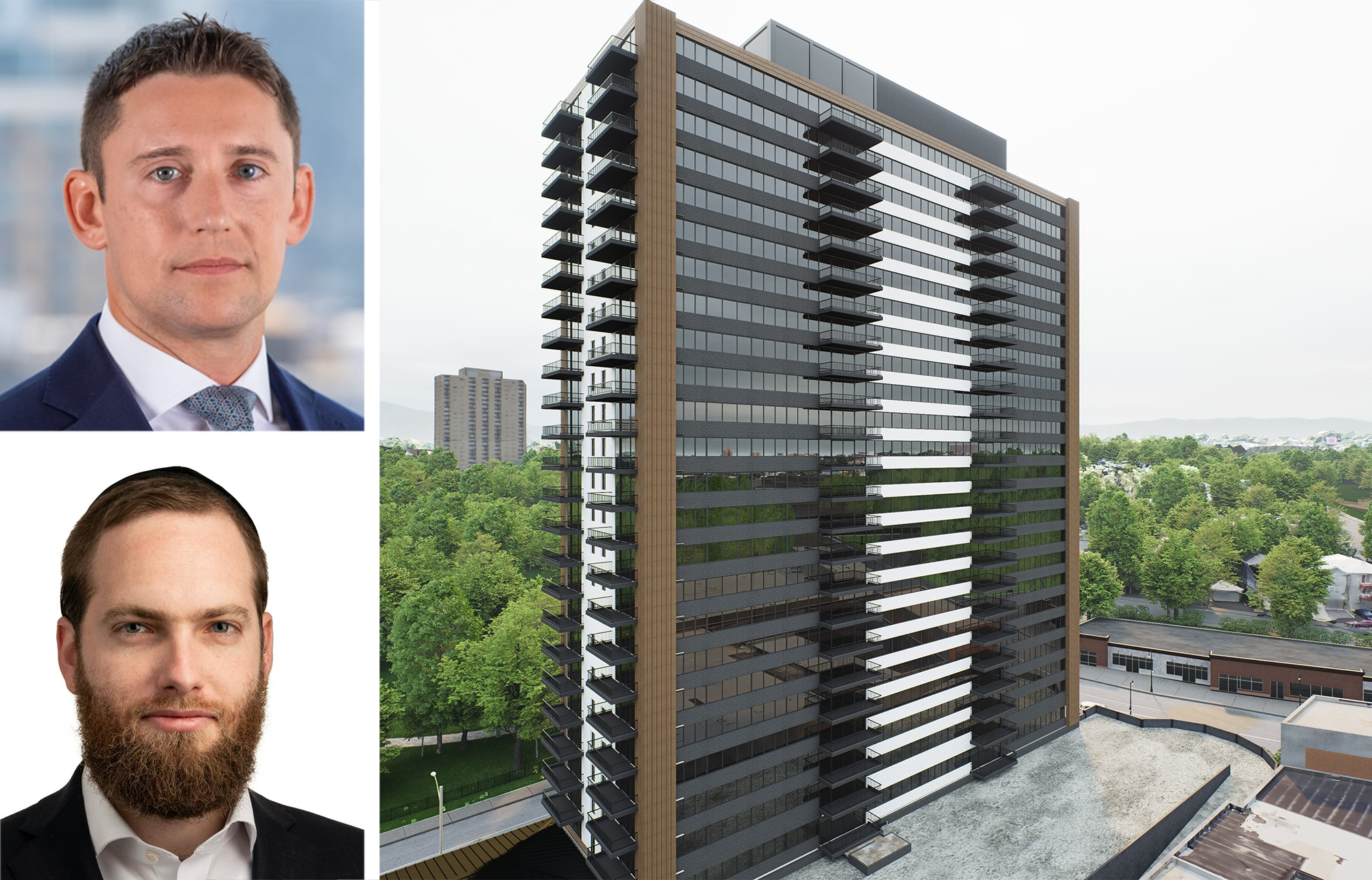 Dwight Investment Management's David Scheer (top), Drew Capital’s Akiva Drew (bottom), and the Cosmo 440 development in Newark, N.J.