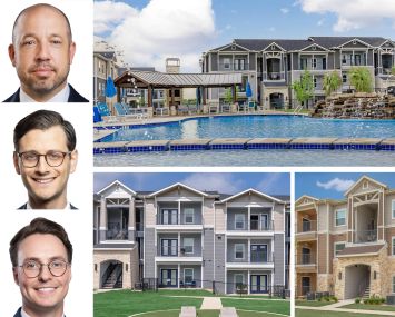 Greystone Capital's Drew Fletcher (top), Bryan Grover (center), and Jesse Kopecky, Vantage at McKinney Falls, Austin, Texas (top right); Vantage at Fair Oaks, Boerne, Texas (bottom center); and Vantage at Hutto, Hutto, Texas.