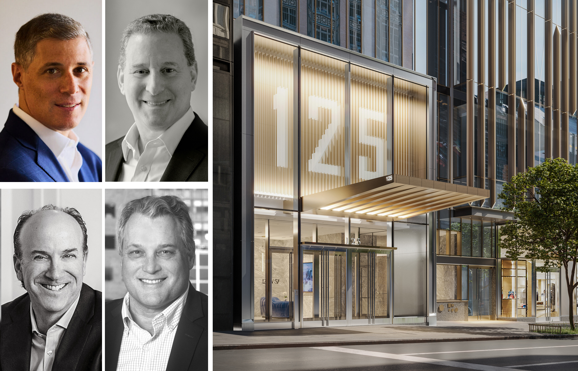 Cain's Eric Poretsky (top left), Alchemy-ABR Investment Partners' Ken Horn (top center), Joel Breitkopf (bottom center) and Brian Ray, and a rendering of 125 West 57th Street.