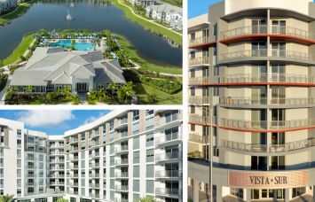 Everly Apartments in Naples, Fla. (top left), The Marc Apartments in Palm Beach Gardens, Fla. (bottom left), and Vista Sur Apartments in Miami.