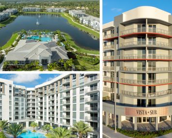 Everly Apartments in Naples, Fla. (top left), The Marc Apartments in Palm Beach Gardens, Fla. (bottom left), and Vista Sur Apartments in Miami.