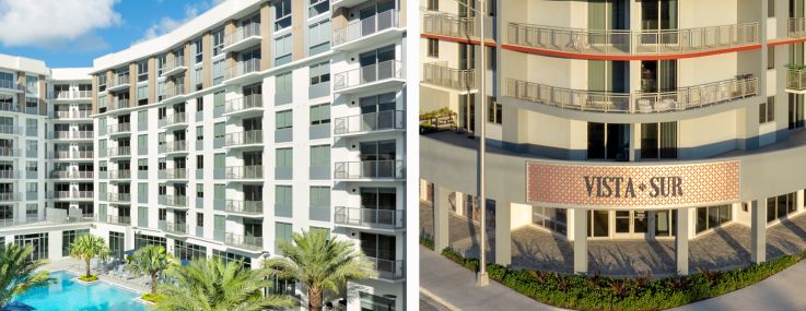Everly Apartments in Naples, Fla. (top left), The Marc Apartments in Palm Beach Gardens, Fla. (bottom left), and Vista Sur Apartments in Miami.
