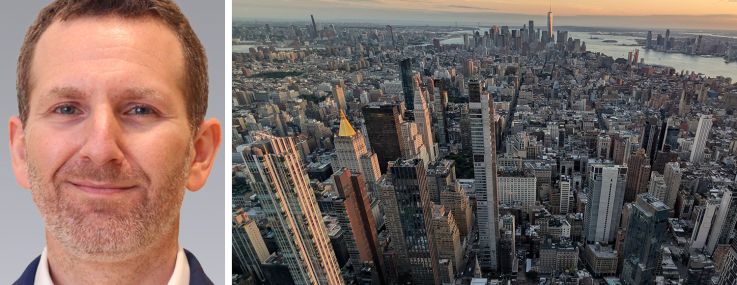 Colliers' Frank Wallach and an aerial view of Midtown South in Manhattan.