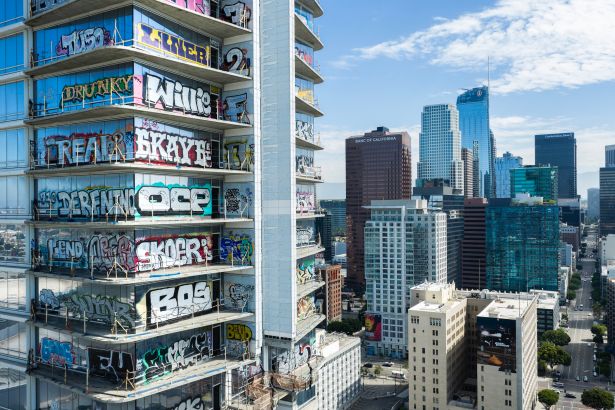 Graffiti-covered Oceanwide Plaza in Downtown Los Angeles on July 21.