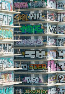 The graffiti-covered Oceanwide Plaza development in Downtown Los Angeles.