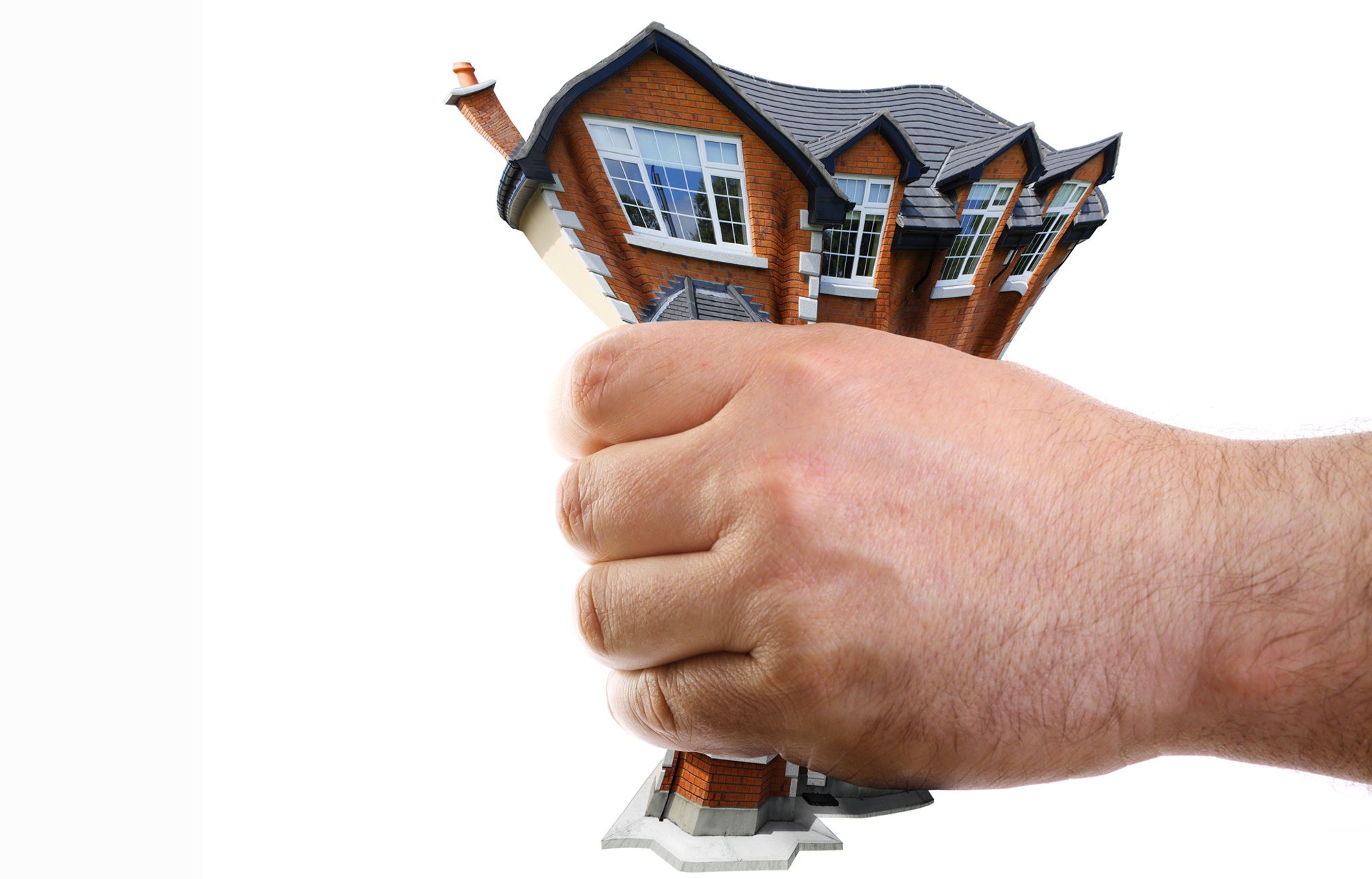 A photo illustration of a multifamily building getting squeezed by a hand.