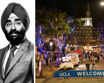 UC Investment's Jagdeep Singh Bachher and Broxton Avenue in Westwood Village, Los Angeles.