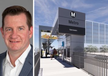 Skanska USA's James Bailey and a rendering of the East San Fernando Valley Light Rail Transit project in Light Rail Transit Project in Van Nuys, Calif.